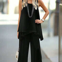 Solid Color Asymmetrical Hem Tank Top And Pants Casual Two-Piece Set