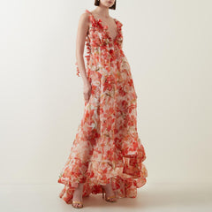 Off-the-shoulder V-neck Women's Clothing Spaghetti-strap Floral Print Long Large Hem Dress