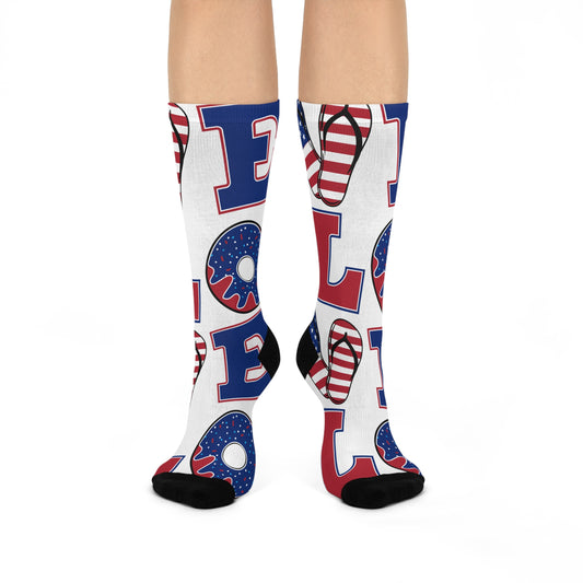 Patriotic Donut Crew Socks | Fun Socks for Summer Festivities, BBQs, Holidays, Gifts, Everyday Wear