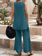 Solid Color Asymmetrical Hem Tank Top And Pants Casual Two-Piece Set