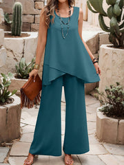 Solid Color Asymmetrical Hem Tank Top And Pants Casual Two-Piece Set