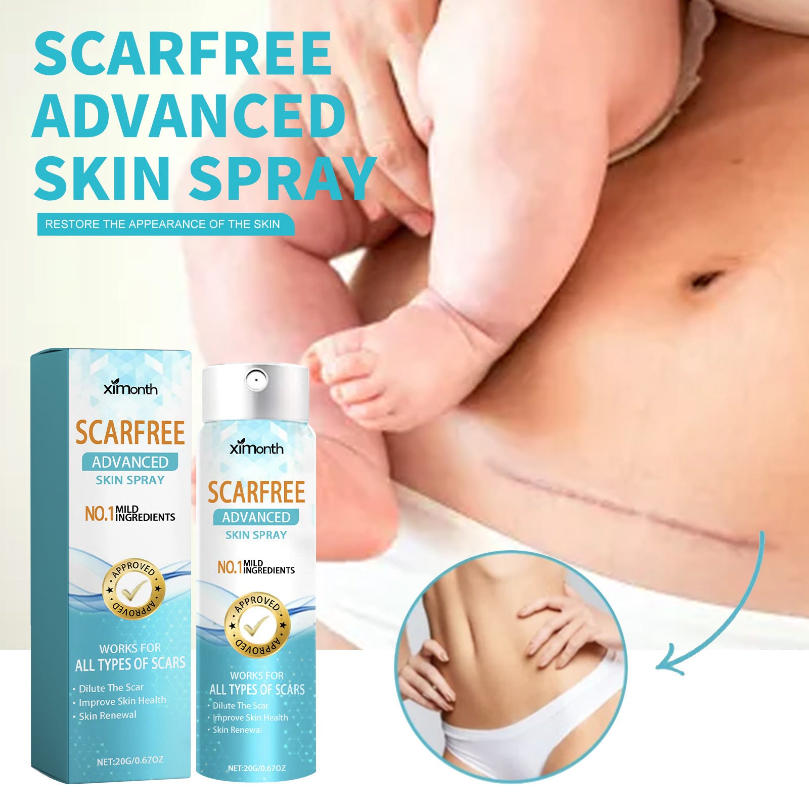 Lighten Scar Care Spray On Body Skin.