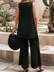 Solid Color Asymmetrical Hem Tank Top And Pants Casual Two-Piece Set