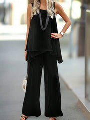 Solid Color Asymmetrical Hem Tank Top And Pants Casual Two-Piece Set
