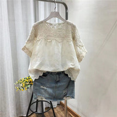 Women's Embroidered Linen Cotton Hollow-out Short-sleeved Top