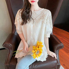 Women's Embroidered Linen Cotton Hollow-out Short-sleeved Top