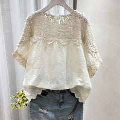 Women's Embroidered Linen Cotton Hollow-out Short-sleeved Top