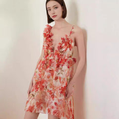 Off-the-shoulder V-neck Women's Clothing Spaghetti-strap Floral Print Long Large Hem Dress