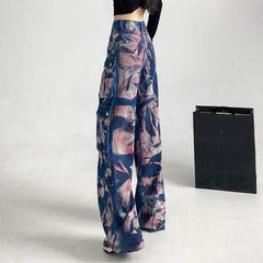 New Tie-dye Cargo Trousers With Pockets Y2K Fashion High Waist Loose Wide Leg Pants Spring And Autumn