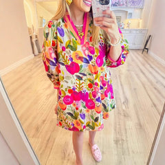 Floral Shading Three-quarter Sleeve 3D Printing Elegant Dress