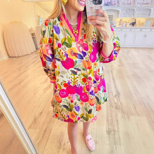 Floral Shading Three-quarter Sleeve 3D Printing Elegant Dress