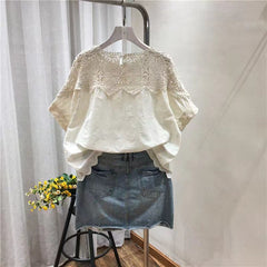 Women's Embroidered Linen Cotton Hollow-out Short-sleeved Top